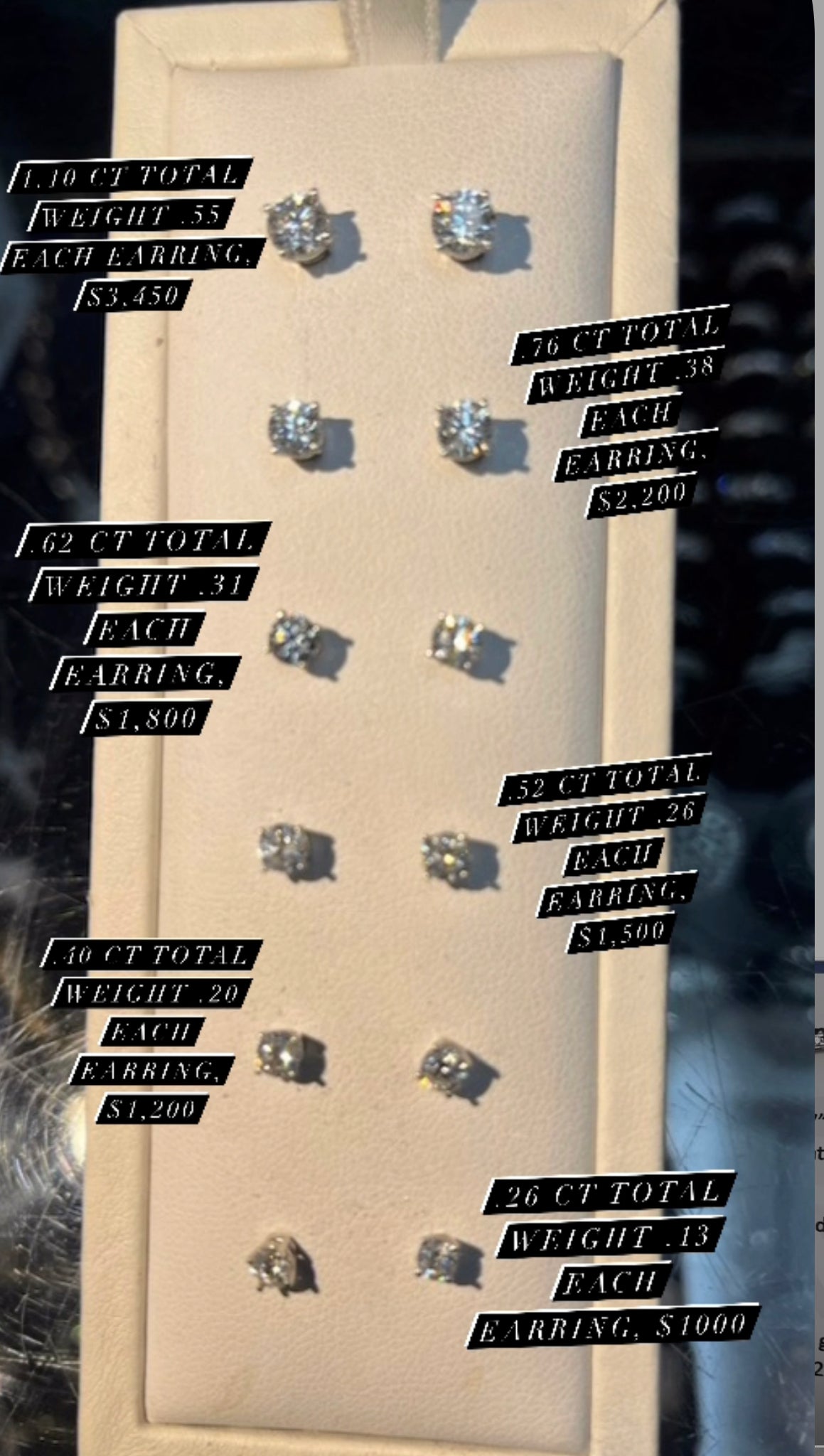 Diamond earrings, price for set at bottom of each description