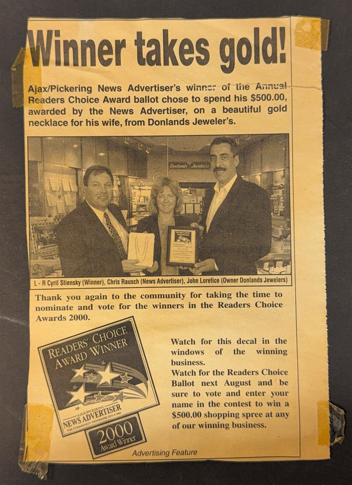 News clipping from 2000 at Donalnds Jewellers