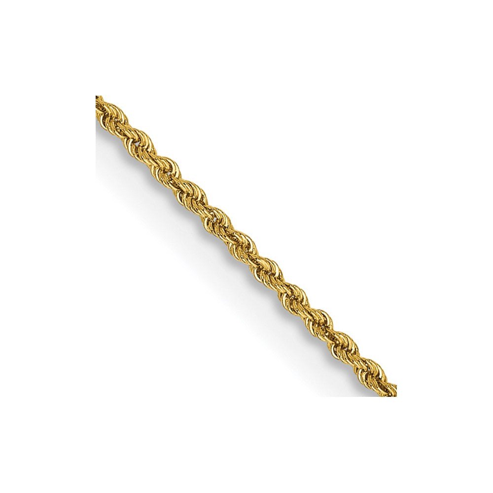 14k 1.5 mm Solid Rope Chain in polished yellow gold, featuring tightly twisted interlocking links and a slim profile.