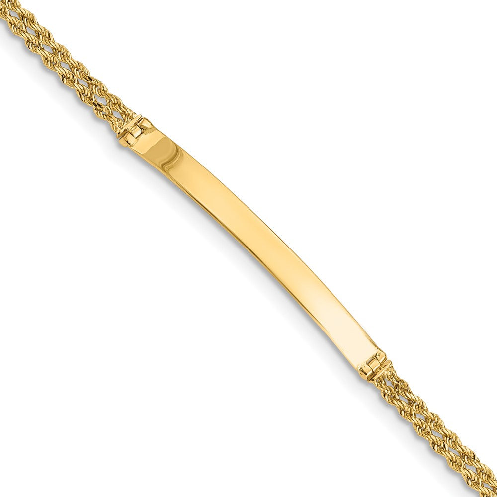 ID bracelet in polished yellow gold with two 14k Two Strand Rope chains and a long, smooth rectangular plate.