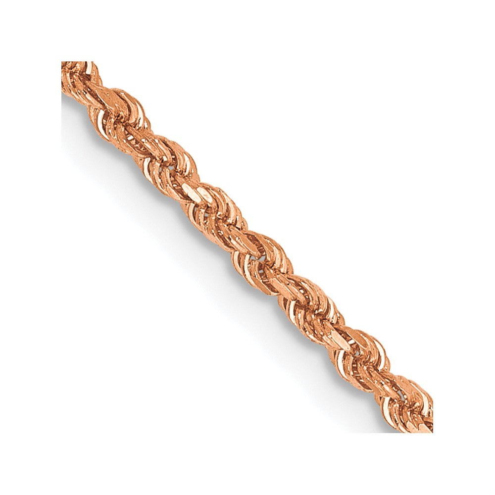 14k Rose Gold rope chain with a slim, twisted link design and reflective diamond-cut detailing.