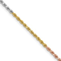 Rope chain in 14k Tri-color gold, with twisted diamond-cut links combining yellow, white, and rose gold finishes.