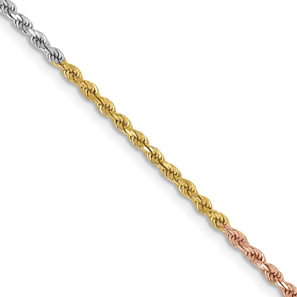 Rope chain in 14k Tri-color gold, with twisted diamond-cut links combining yellow, white, and rose gold finishes.