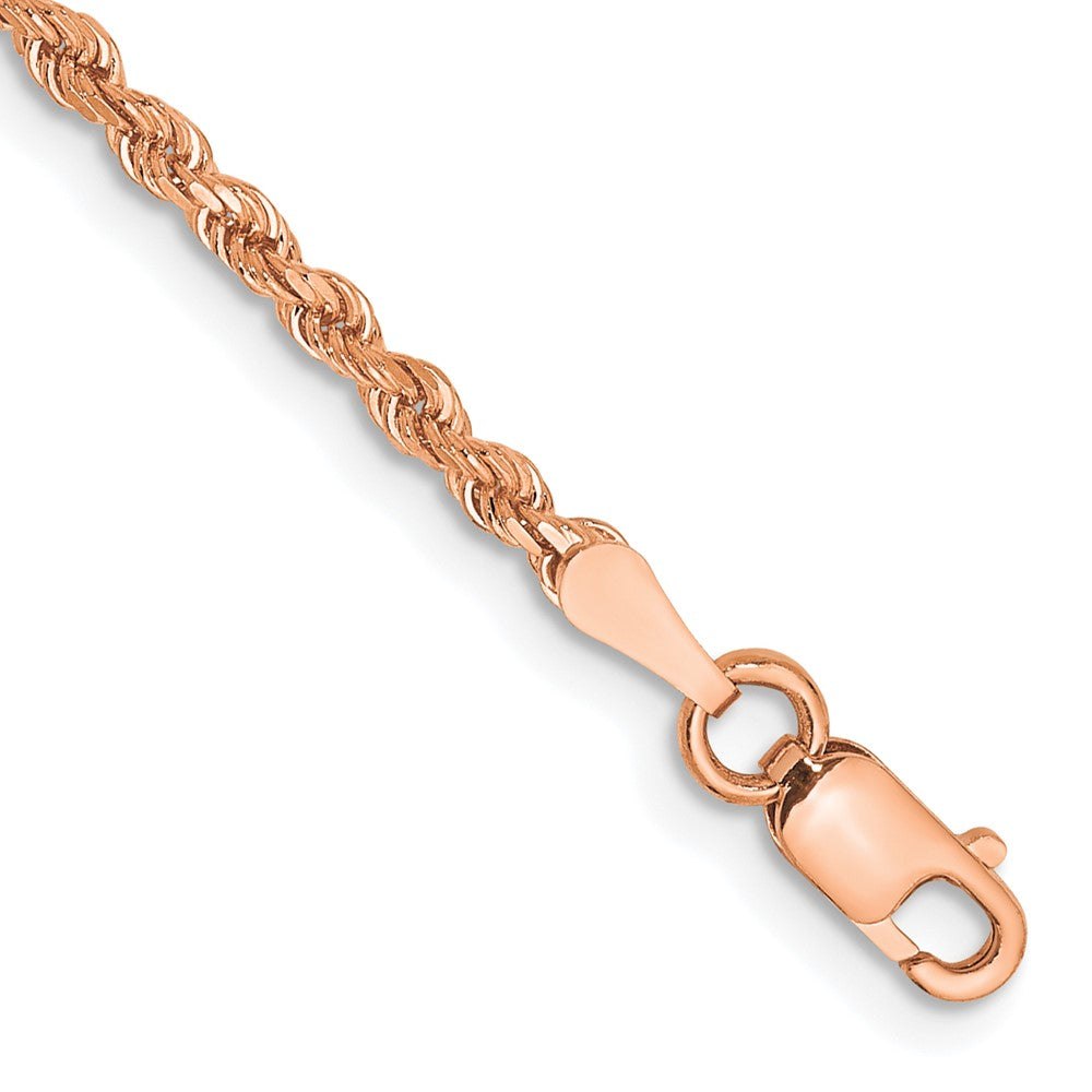 14k Rose Gold rope chain with polished diamond-cut twisted links and a lobster clasp, shown in a slim design.