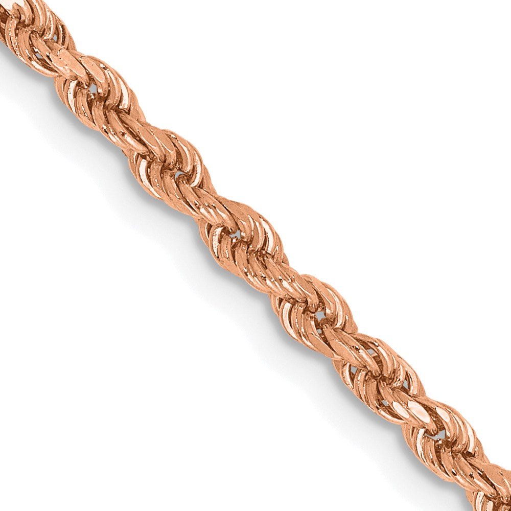 14k Rose Gold rope chain with a polished finish, featuring tightly twisted links and textured diamond-cut facets.