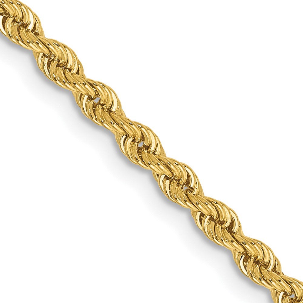 14k 2.5 mm Solid Rope Chain in polished yellow gold, featuring tightly twisted interlocking links.