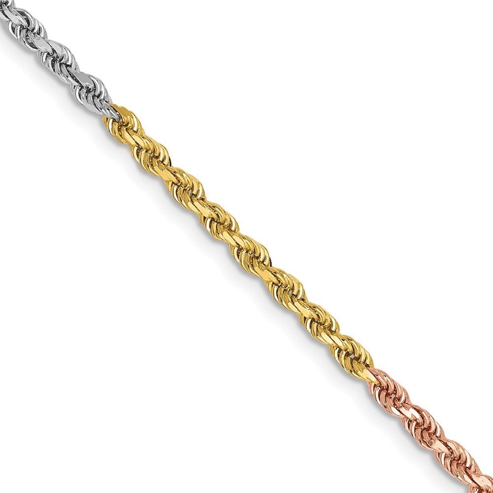 14k Tri-color rope chain in polished silver, yellow gold and rose gold tones, with tightly twisted, diamond-cut links.