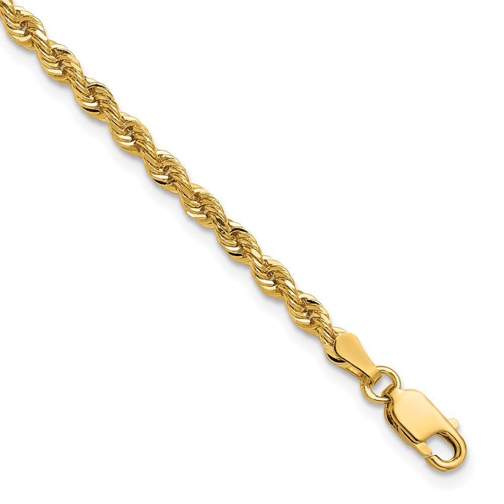 14k 3.0 mm Diamond-cut Rope Chain in polished yellow gold, with a twisted rope pattern and lobster clasp.