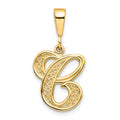 10k Filigree Initial C Pendant in polished yellow gold, featuring an ornate openwork letter C with textured detailing.