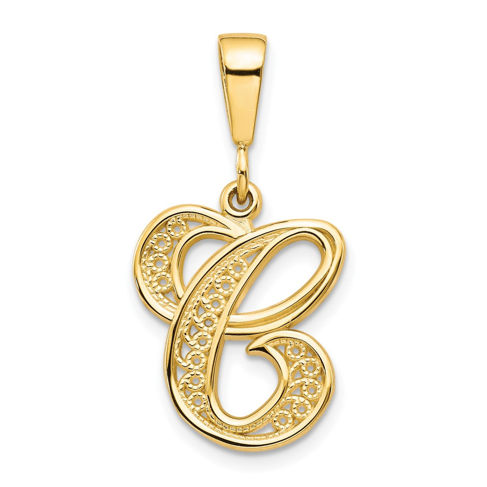 10k Filigree Initial C Pendant in polished yellow gold, featuring an ornate openwork letter C with textured detailing.
