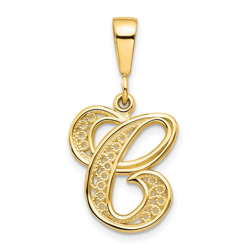 10k Filigree Initial C Pendant in polished yellow gold, featuring an ornate openwork letter C with textured detailing.