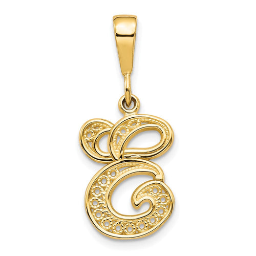 10k Initial E Pendant in polished yellow gold, featuring an ornate uppercase E outlined with sparkling clear stones.