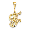 10k Initial F Pendant in polished yellow gold, featuring an ornate script F design with sparkling stone accents.