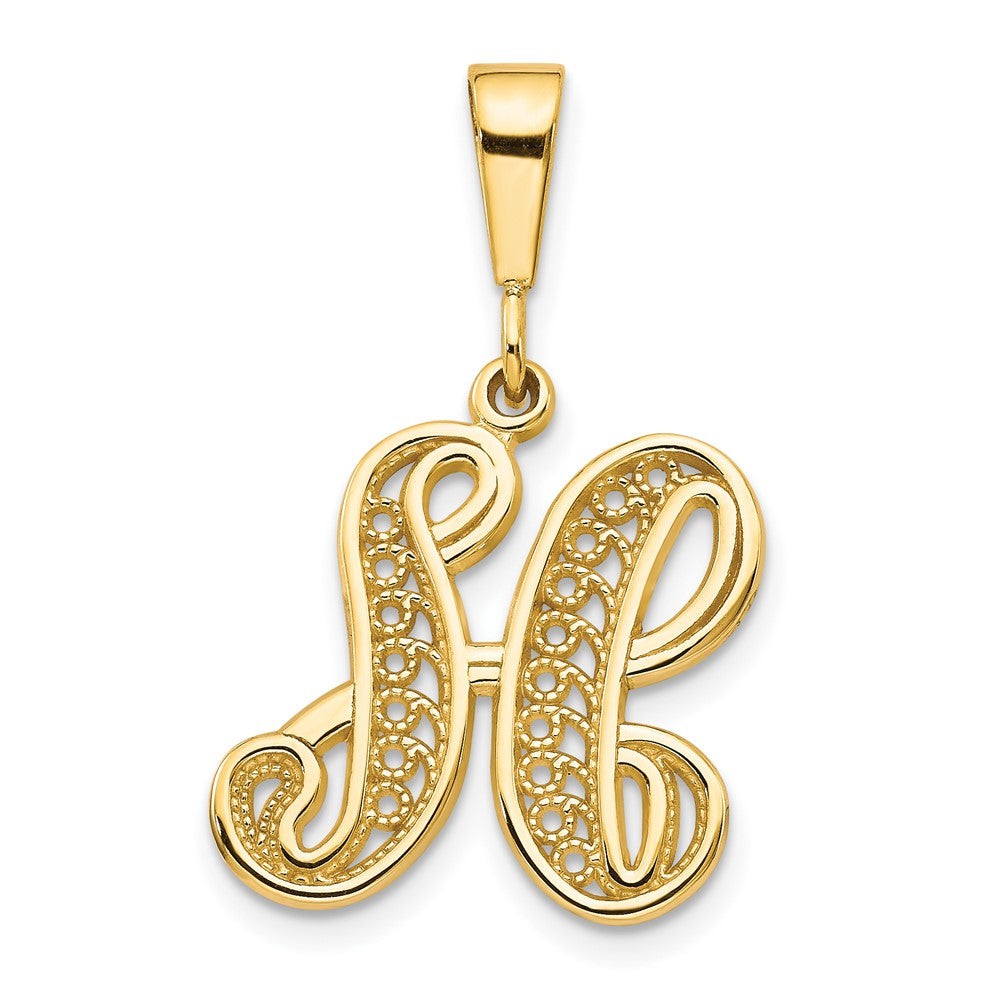 10k Initial H Pendant in polished yellow gold, featuring a decorative script H set with small clear stones.
