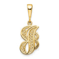10k Initial J Pendant in polished yellow gold, featuring a script J silhouette set with rows of clear stones.