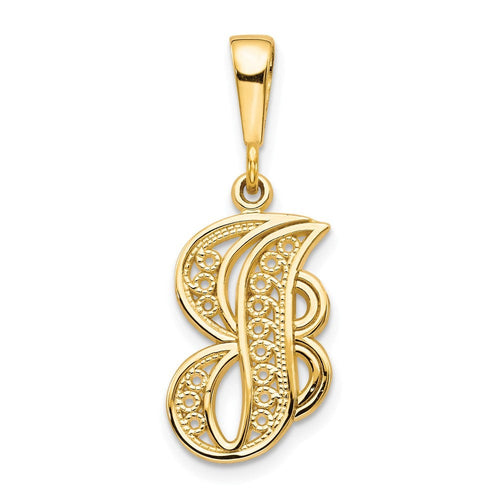 10k Initial J Pendant in polished yellow gold, featuring a script J silhouette set with rows of clear stones.