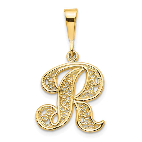 Gold initial R pendant with intricate filigree detailing and a polished finish; 10k Initial R Pendant