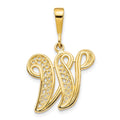 10k Initial W Pendant in yellow gold with a polished finish, featuring an ornate W design with sparkling accents.