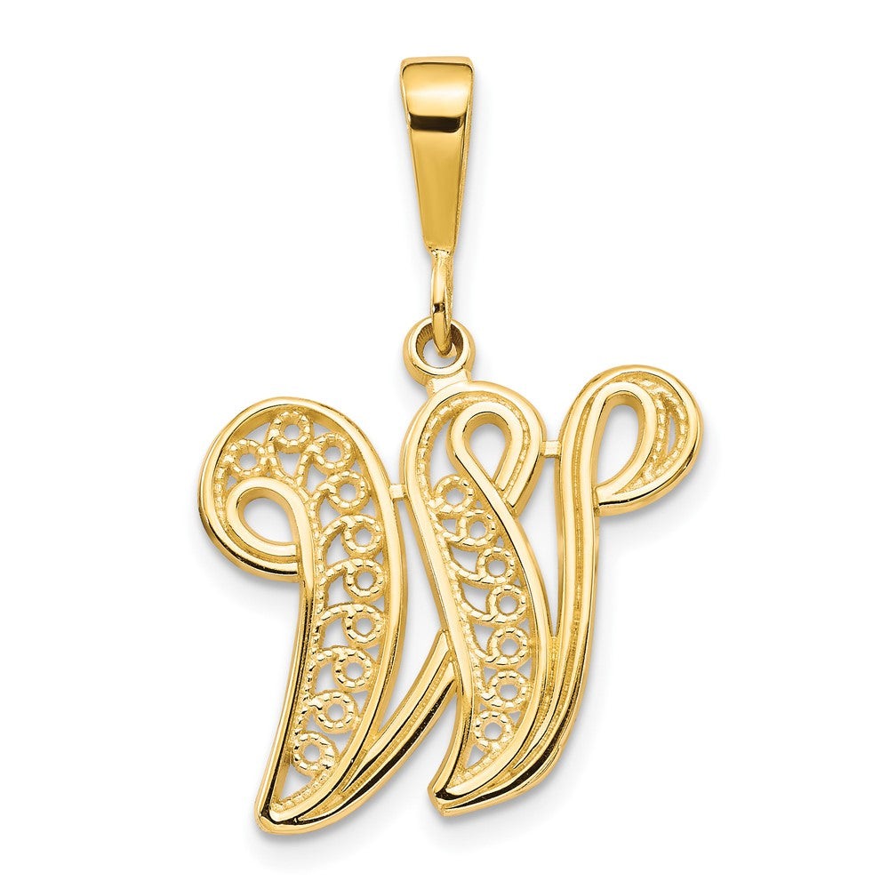 10k Initial W Pendant in yellow gold with a polished finish, featuring an ornate W design with sparkling accents.