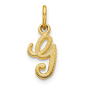 10k Initial G Charm in yellow gold, featuring a polished script letter G with a textured dotted surface and bail.