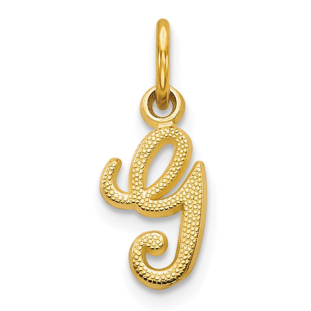 10k Initial G Charm in yellow gold, featuring a polished script letter G with a textured dotted surface and bail.