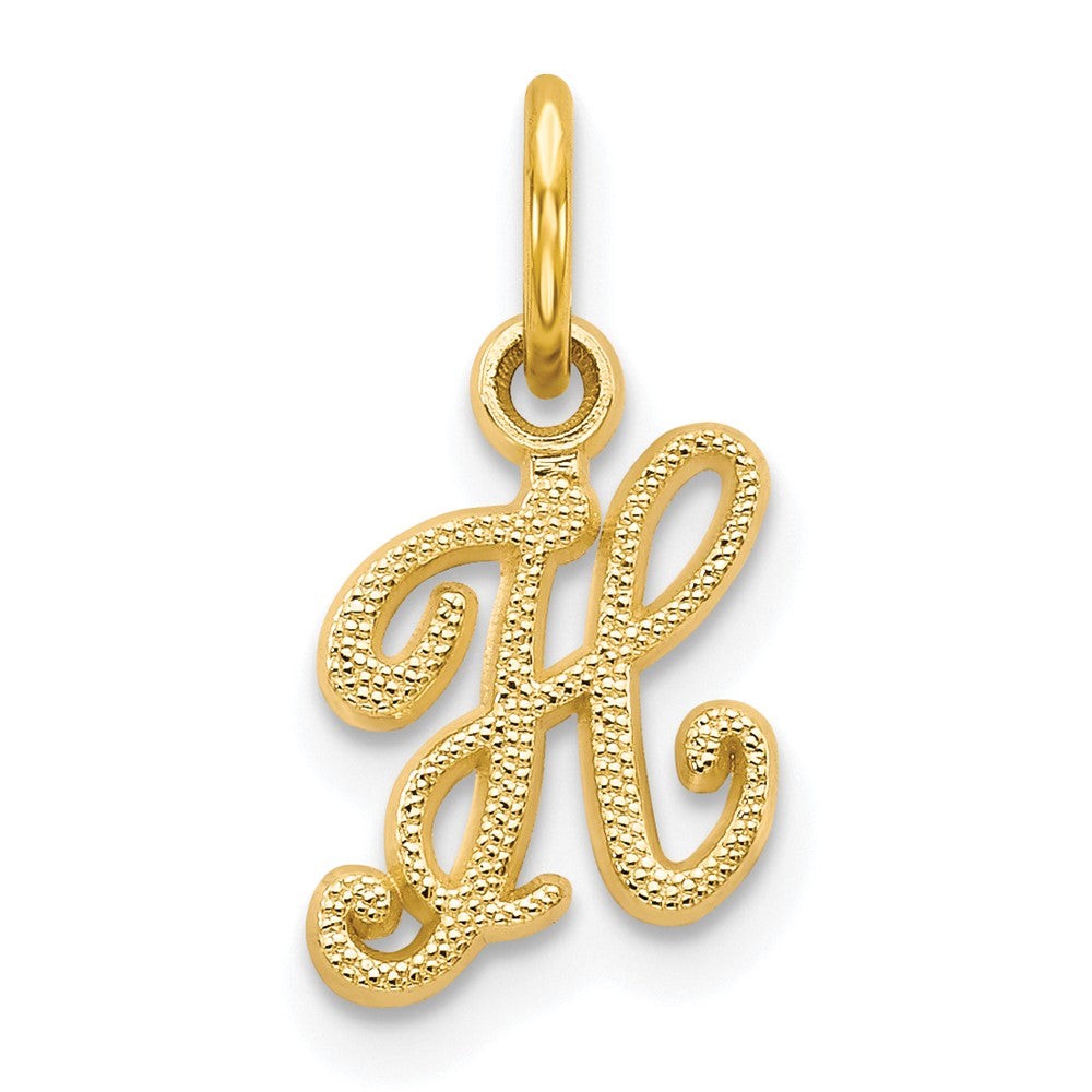 10k Initial H Charm in yellow gold, featuring an ornate cursive H with a textured beaded finish and top loop.