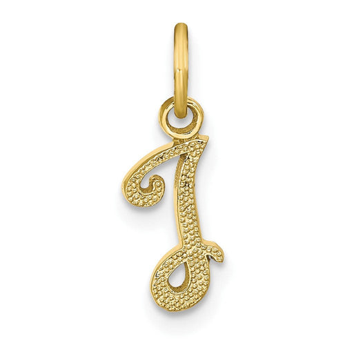 10k Initial I Charm in yellow gold with a polished finish, featuring a script letter I covered in sparkling stones.