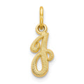 10k Initial J Charm in polished yellow gold, featuring a cursive letter J with a textured, sparkling finish.