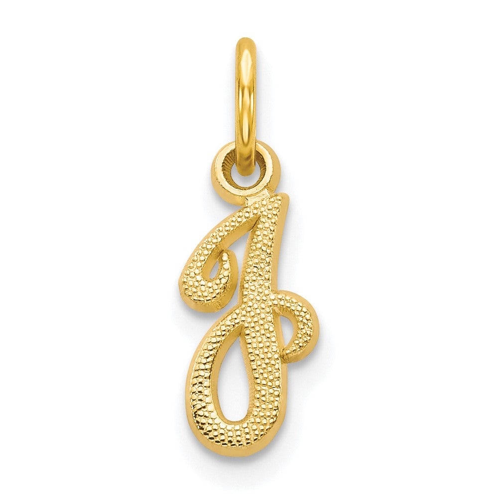 10k Initial J Charm in polished yellow gold, featuring a cursive letter J with a textured, sparkling finish.