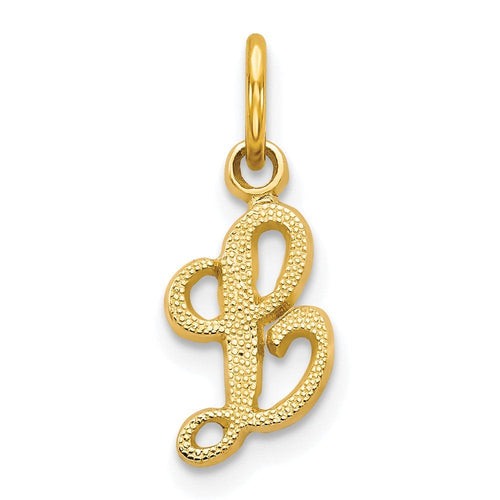 10k Initial L Charm in polished yellow gold, featuring an ornate script L with a textured dotted finish.
