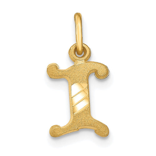 10k Initial I Charm in yellow gold, featuring a textured letter I with polished diagonal cutout accents and a hanging loop.