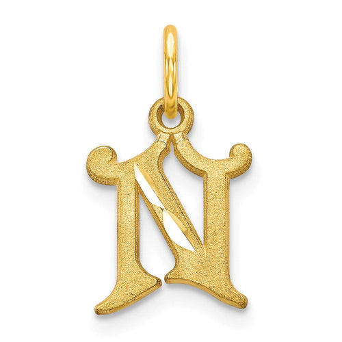 10k Initial N Charm in yellow gold, featuring a glitter-textured letter N and polished hanging loop.