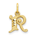 10k Initial R Charm in yellow gold, featuring a textured serif letter R, curled flourish and polished bale.