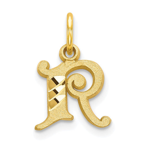 10k Initial R Charm in yellow gold, featuring a textured serif letter R, curled flourish and polished bale.