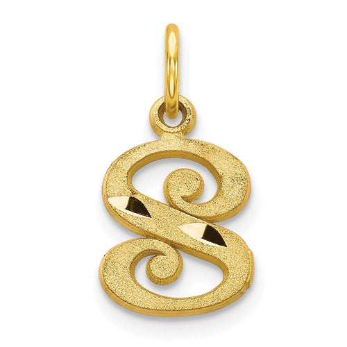 10k Initial S Charm in polished yellow gold with a textured, glittering finish and open scrollwork S design.