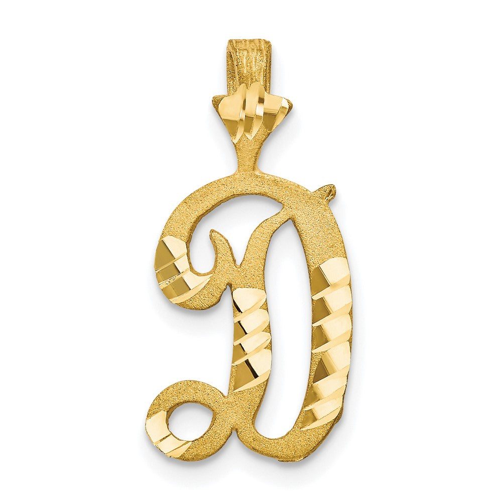 10k Diamond-cut Initial D Charm in yellow gold, featuring a textured surface, polished diagonal cuts, and a bail.