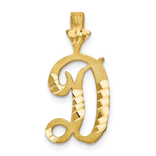 10k Diamond-cut Initial D Charm in yellow gold, featuring a textured surface, polished diagonal cuts, and a bail.