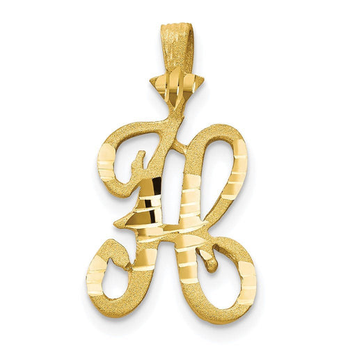 10k Initial H Pendant in yellow gold with polished striped accents and a textured, ornate H-shaped letter design.