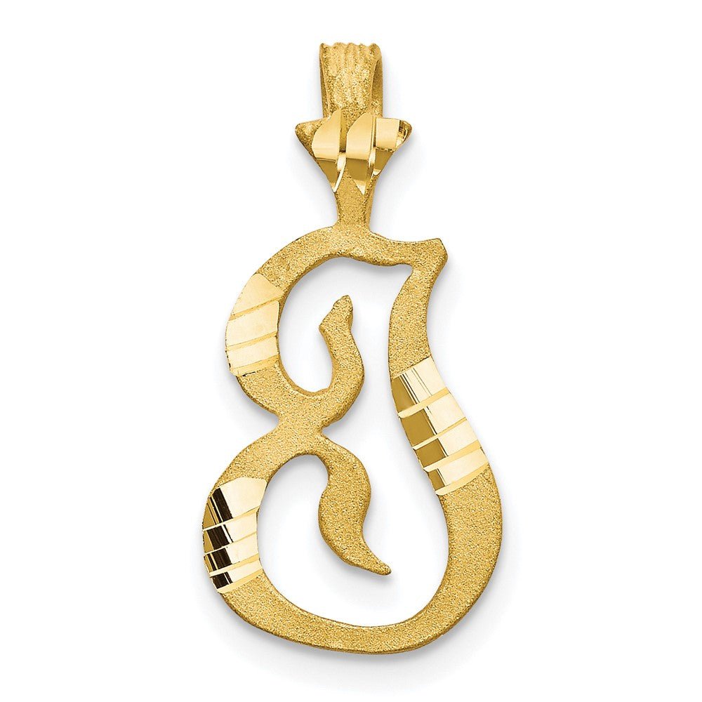 10k Initial I Pendant in yellow gold with a textured finish, polished striped accents, and a decorative curved initial design.