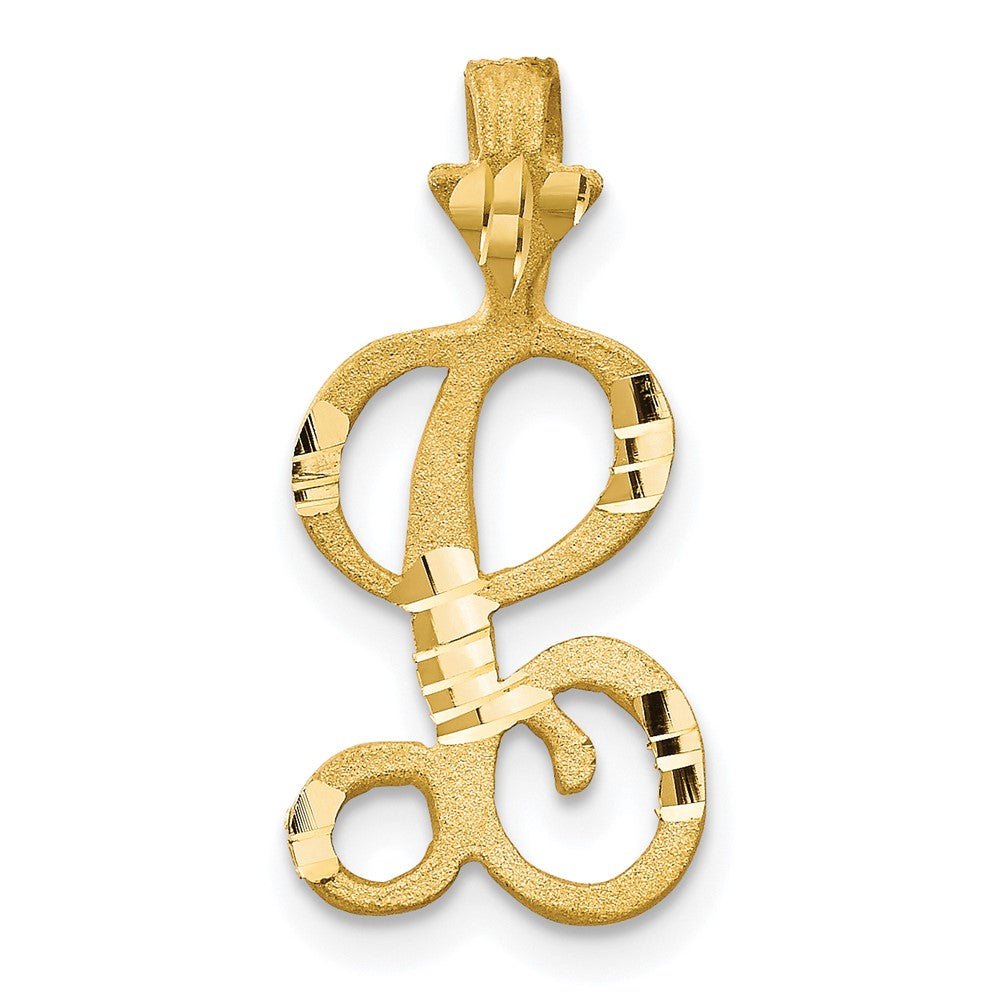 10k Initial L Pendant in yellow gold with a textured finish and polished striped accents forming an ornate letter L.