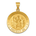 18k Saint Christopher Medal Pendant in gold-tone metal, round embossed design with Saint Christopher and “Protect Us” lettering