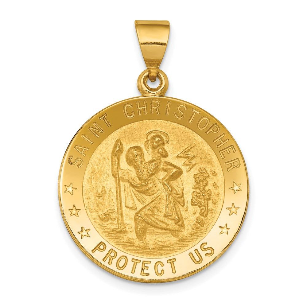 18k Saint Christopher Medal Pendant in gold-tone metal, round embossed design with Saint Christopher and “Protect Us” lettering