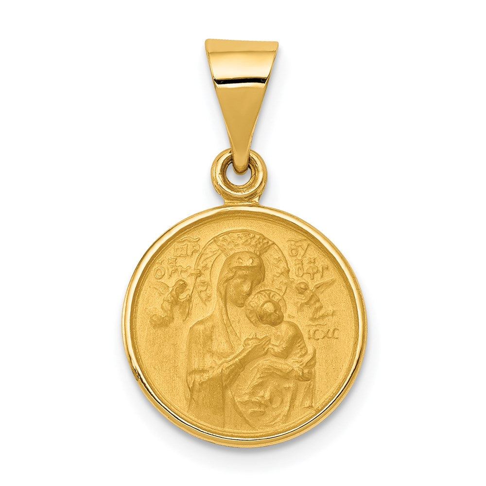 Gold devotional medal pendant with a detailed Our Lady of Perpetual Help relief and polished triangular bail; 18k Our Lady of Perpetual Help pendant