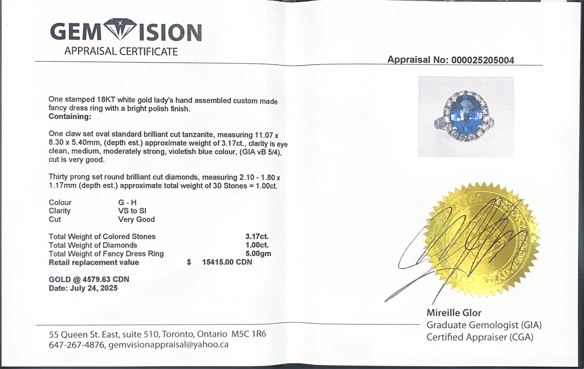 GemVision appraisal certificate for a gold ring with gemstones | by Custom Jewellers by Gianni