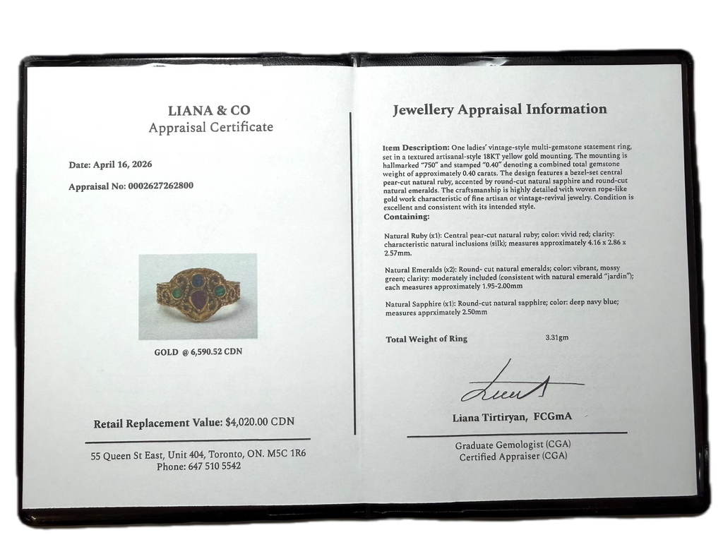 An appraisal certificate for a Liana & Co gemstone ring, displayed on a black background. The certificate contains detailed product information, a small inset photo of the ring, and a signature block.