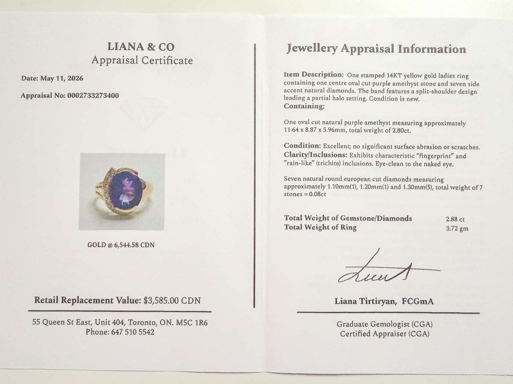 An appraisal certificate from Liana & Co for a gold ring with an oval cut natural purple amethyst setting, showing item details, weight, and retail replacement value on a white document.