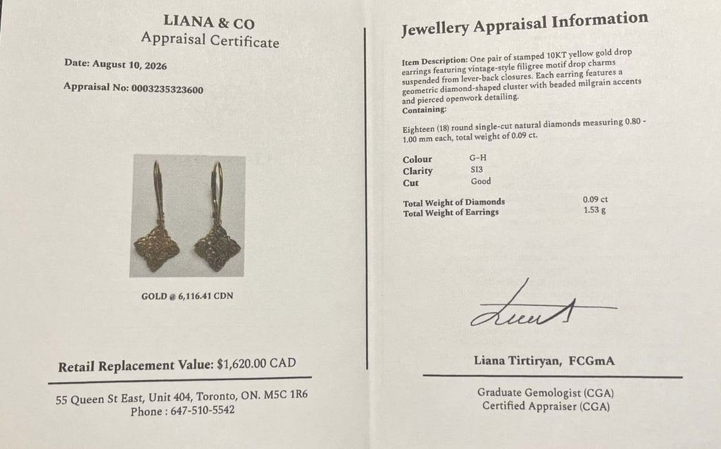 A jewelry appraisal certificate from Liana & Co dated August 10, 2026, showing a pair of gold drop earrings with diamond clusters. The left side displays the product photo and details including a retail replacement value of $1,620.