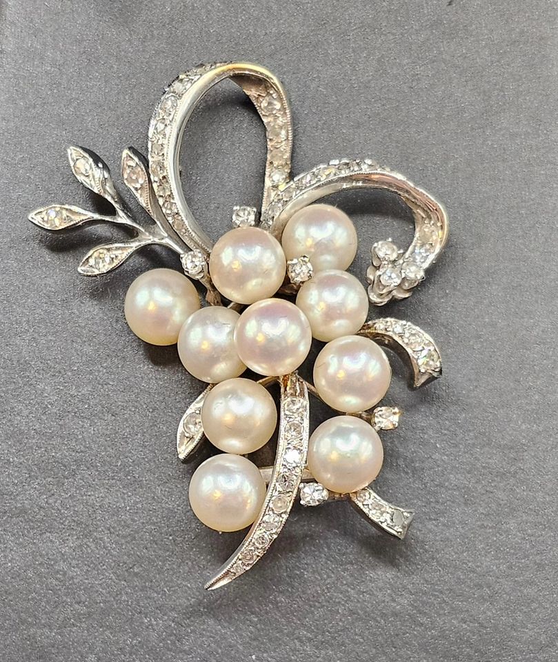 14k white gold custom-made vintage brooch set with 55 diamonds and 10 Akoya cultured pearls