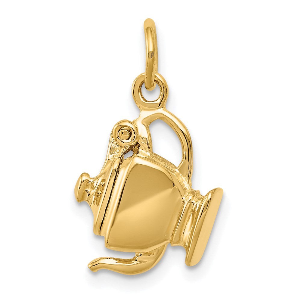 14k 3D Tea Pot charm in polished yellow gold, with an opening lid and detailed handle and spout.