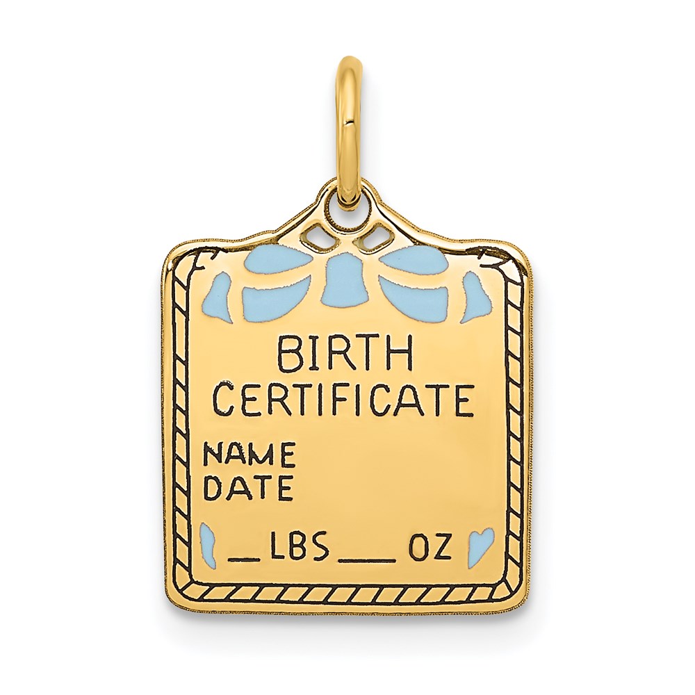 Breloque certificat de naissance gravable en or 14k émaillé bleu